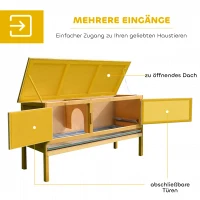 PawHut Hasenstall Kaninchenstall aus Holz mit aufklappbarem Dach, 2 Türen, auslaufsicherer Schale, 115x44,3x65 cm Hellgelb(m-7)