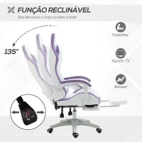 Vinsetto Cadeira Gaming de Couro PU com Altura Ajustável Reclinável 135° e Apoio para os Pés Retrátil 65x65x121-129 cm Branco e Roxo(m-5)