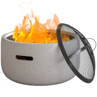 Outsunny Brasero cheminée foyer extérieur rond à bois en métal tisonnier pare-étincelle grille et poignée diamètre 45 cm gris(m-11)