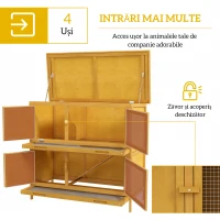 PawHut Cușcă pentru Iepuri cu 2 Niveluri din Lemn de Brad și Bitum cu Rampă, 2 Tăvi Detasabile, 4 Uși, 97x44x91 cm, Galben(m-4)
