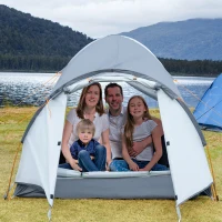 Outsunny Tente de camping 3-4 personnes imperméable fenêtres à mailles double couche portable 350 x 150 x 128 cm gris(m-10)