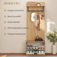 HOMCOM Cuier de Hol cu Pantofar Rabatabil, Cuier cu Bancă, 4 Cârlige și Rafturi pentru Pantofi, Organizator Modern pentru Hol și Coridor, Stejar și Alb(m-4)