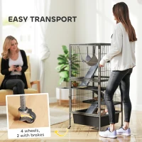 PawHut Klatka dla małych zwierząt 4-poziomowa z wysuwaną tacką, rampami, hamakiem, kółkami i platformami, 52x52x115 cm, szara(m-7)