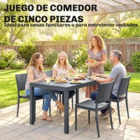 Outsunny Conjunto de Mesa y Sillas Jardín con Mesa de Tablero Ranurado y 4 Sillas Apilables para Terraza Patio Gris(m-4)