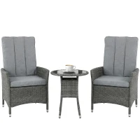 Outsunny Rattan Bistro Set, Reclining Garden Chairs and Glass Coffee Table with Cushions for Patio Balcony Porch, Grey(m-10)