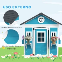 Outsunny Casinha de Madeira Infantil com Porta Janelas Floreiros e Prateleiras com Detalhes Coloridos 114x126,4x135 cm Azul(m-5)