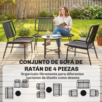Outsunny Conjunto de Jardín Exterior de Ratán 4 Piezas Incluye Sofá de 2 Plazas 2 Sillas Mesa de Centro con Tapa Metálica Negro(m-4)