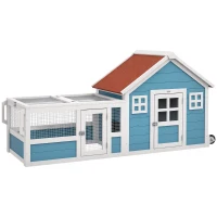 PawHut Cușcă mare pentru iepuri cu 2 ferestre decorative roți 1 ușă 1 rampă și acoperiș asfaltat 162,5x59,2x77,6 cm Albastru(m-7)
