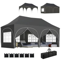Outsunny 3 x 6m Pop Up Gazebo Shelter with Sides, 6 Sandbags, Peak Top Garden Party Tent Marquee with Carry Bag, Dark Grey(m-10)