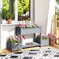 Outsunny Jardinieră Ridicată cu 2 Ghivece Laterale și Raft pentru Unelte, din Lemn de Brad, 149x46x76 cm, Gri(m-2)