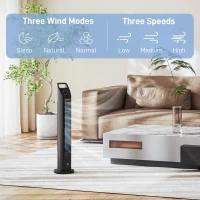 HOMCOM Wentylator wieżowy, elektryczny wentylator z pilotem, oscylacja 75°, 3 prędkości, 3 tryby, 7,5-godzinny timer, cichy, bezłopatkowy wentylator do sypialni i biura, czarny(m-4)