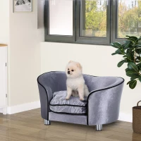 PawHut Canapé chien chat sur pied style  contemporain lit animaux avec accoudoir dossier coussin amovible grand confort + poche rangement revêtement peluche courte 69 x 49 x 38 cm gris(m-9)