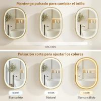 HOMCOM Armario de Baño con Espejo y Luces LED de 3 Colores Armario de Pared Ovalado con Función Memoria y Antivaho Dorado(m-5)