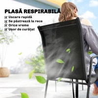 Outsunny Set de Grădină 7 piese din Oțel cu 6 Scaune Stivuibile din Textilenă și Masă de Cafea cu Blat din Sticlă, Negru(m-5)