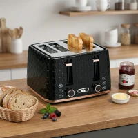 HOMCOM 4 Slice Toaster with 7 Browning Levels, High Lift, Reheat/Defrost/Cancel, Self-centring Function, Removable Crumb Tray, Auto Off, 1600W, Black Honeycomb Texture(m-2)