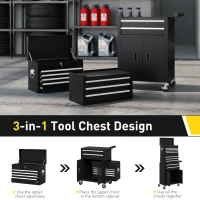 HOMCOM 3-w-1 Skrzynka na narzędzia, jezdna szafka na narzędzia z 4 kołami, zamykana skrzynka na narzędzia z 9 szufladami, stal, czarna(m-5)