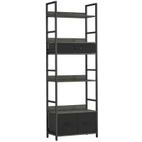 HOMCOM Industrial Style Bookcase, with 4 Shelves and 3 Fabric Drawers - Grey/Black(m-1)