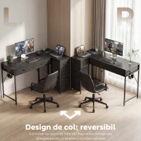 HOMCOM Birou de Colț Reversibil cu Prize de Curent și Porturi USB, 126 x 48 cm, Birou în Formă de L cu 6 Sertare din Material Textil, Cârlig Lateral, pentru Computer, Birou, Studiu, Acasă, Negru(m-4)
