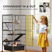 PawHut Klatka dla małych zwierząt 4-poziomowa z wysuwaną tacką, rampami, hamakiem, kółkami i platformami, 52x52x115 cm, szara(m-6)