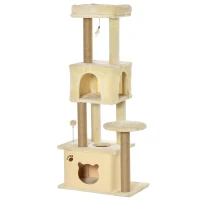 PawHut Hoher Kratzbaum für Katzen 136 cm mit abnehmbarem Häuschen, Häuschen und Liegefläche, Jutapfosten, Beige(m-6)