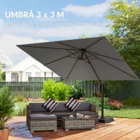 Outsunny Umbreluț de Grădină Suspendat cu Manivelă 3x3m, Inclinabil, cu Greutăți Umplibile, Rotativ 360°, Umbreluț Exterior Pătrat, din Aluminiu, pentru Terasă, Piscină, UV30+, Gri Închis(m-5)
