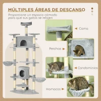 PawHut Árbol Rascador para Gatos 200 cm Torre para Gatos con 2 Cuevas 2 Hamacas Cama Postes de Sisal 60x60x200 cm Gris(m-4)