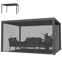 Outsunny Pergola bioclimatique 4x3m, pergola aluminium avec lames orientables, manivelle, stores latéraux coupe-vent, gris foncé(m-1)