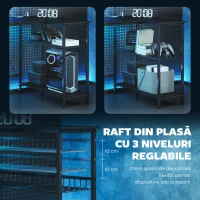 HOMCOM Birou Gaming Colțar cu LED, Prize Electrice, Suport pentru Monitor și Raft, Negru(m-6)