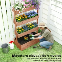 Outsunny Jardinera de Madera de 4 Niveles Jardinera Elevada Exterior con Orificios de Drenaje Tela no Tejida Marrón(m-4)
