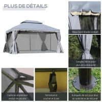 Outsunny Tonnelle de jardin extérieur 4 x 3 m, barnum avec toit double, rideaux et moustiquaire, tente de réception en aluminium, tonnelle pour terrasse patio mariage baptême, gris(m-6)