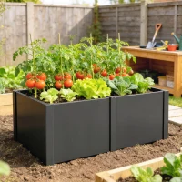 Outsunny Strat Înălțat pentru Grădină din Oțel, cu Separator, Colțuri Întărite și Margini Sigure, Bază Deschisă, Negru(m-9)