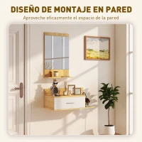 HOMCOM Conjunto de Recibidor de Entrada de Pared con Espejo y Almacenaje Espejo con Cajón y 2 Estantes Abiertos Madera Natural(m-7)