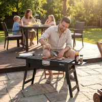 Outsunny Portable BBQ Grill, Foldable Charcoal Grill for Camping and Picnics with 2 Side Shelves and Handle, Black(m-7)