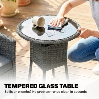 Outsunny Rattan Bistro Set, Reclining Garden Chairs and Glass Coffee Table with Cushions for Patio Balcony Porch, Grey(m-8)