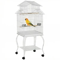 PawHut Colivie pentru Păsări cu Roți Colivie Mare cu Suport și Raft pentru Nimfă Conură de Soare 50x49x137 cm Alb(m-7)