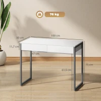 HOMCOM Bureau avec 2 tiroirs 100x50x75 cm Table d'ordinateur Pieds en acier pour Maison Petits Espaces Blanc Brillant(m-3)