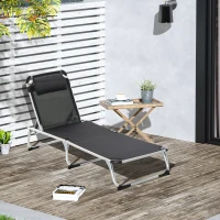 Outsunny Bain de soleil chaise longue pliante avec appuie-tête, transat inclinable en aluminium et textilène, transat jardin extérieur pour plage relax camping piscine terrasse, 165x60x76cm, noir(m-10)