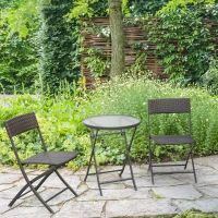 Outsunny Ensemble salon de jardin 2 places table ronde pliable plateau verre trempé chaises pliantes résine tressée chocolat(m-10)