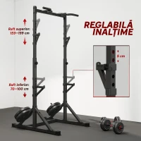 SPORTNOW Suport pentru Genuflexiuni Reglabil pe Înălțime, Suport Dublu pentru Haltere cu Spațiu Depozitare și Bară Tracțiuni, Rack Multifuncțional pentru Antrenamente Acasă sau Birou, Max 200 kg, Negru(m-5)