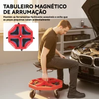 HOMCOM Banco de Oficina Móvel com Bandeja Magnética Altura Ajustável de 52–59,5 cm Carga 135 kg Banco para Mecânico com Rodas para Garagem Reparação de Automóveis Vermelho(m-5)