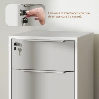 HOMCOM Schedario per Ufficio a 3 Cassetti con Chiavi di Sicurezza e 4 Ruote, in Legno, 40x40x63.5 cm, Bianco e Grigio(m-8)
