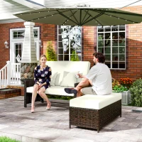 Outsunny Canapé-lit de jardin modulable en résine tressée bain de soleil 2 places dossier inclinable tablettes rétractables coussins intégrées crème + repose-pieds avec coffre de rangement chocolat(m-6)