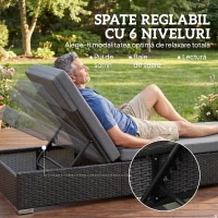Outsunny Set 2 Șezlonguri de Grădină din Ratan cu Măsuță Laterală și Spătar Reglabil, 184x60x22 cm, Gri Închis(m-4)