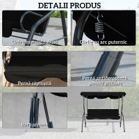 Outsunny Leagăn pentru 3 persoane cu copertină reglabilă și perne, din oțel și poliester, 170x110x153 cm, negru(m-5)