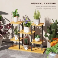 Outsunny Suport plante interior etajeră plantă cu 6 nivele cadru din oțel bază lemn masiv 80 x 24 x 61,5 cm lemn natural(m-5)