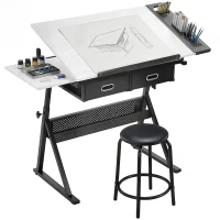 HOMCOM Masă de desen cu taburet și 2 sertare, înălțime reglabilă, blat înclinabil 0° à 60°, 120 x 60 x 68-92 cm, alb(m-6)