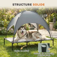 PawHut Lit chien sureleve avec parasol, lit de camp chien chat sur pieds tissu Oxford respirant, anti-UV cadre en métal sac de transport inclus couchage extérieur pour chat 122 x 92 x 108 cm gris noir(m-7)