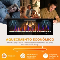 HOMCOM Lareira Elétrica Ultrafina de Parede e Embutir com Chama 3D Brilho/Velocidade Ajustável 12 Cores Pedras 900/1800W 127x9,4x47 cm Preto(m-6)