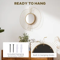 HOMCOM Oglindă de Perete Rotundă, Oglindă Modernă cu Benzi Metalice și Design Plisat, Decor de Perete pentru Living, Dormitor și Hol, 60x60 cm, Auriu(m-5)