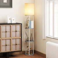 HOMCOM Stehlampe mit Ablagen, 3 Farbtemperaturen, Fernbedienung für Wohnzimmer, Schlafzimmer, Büro, Grau(m-4)